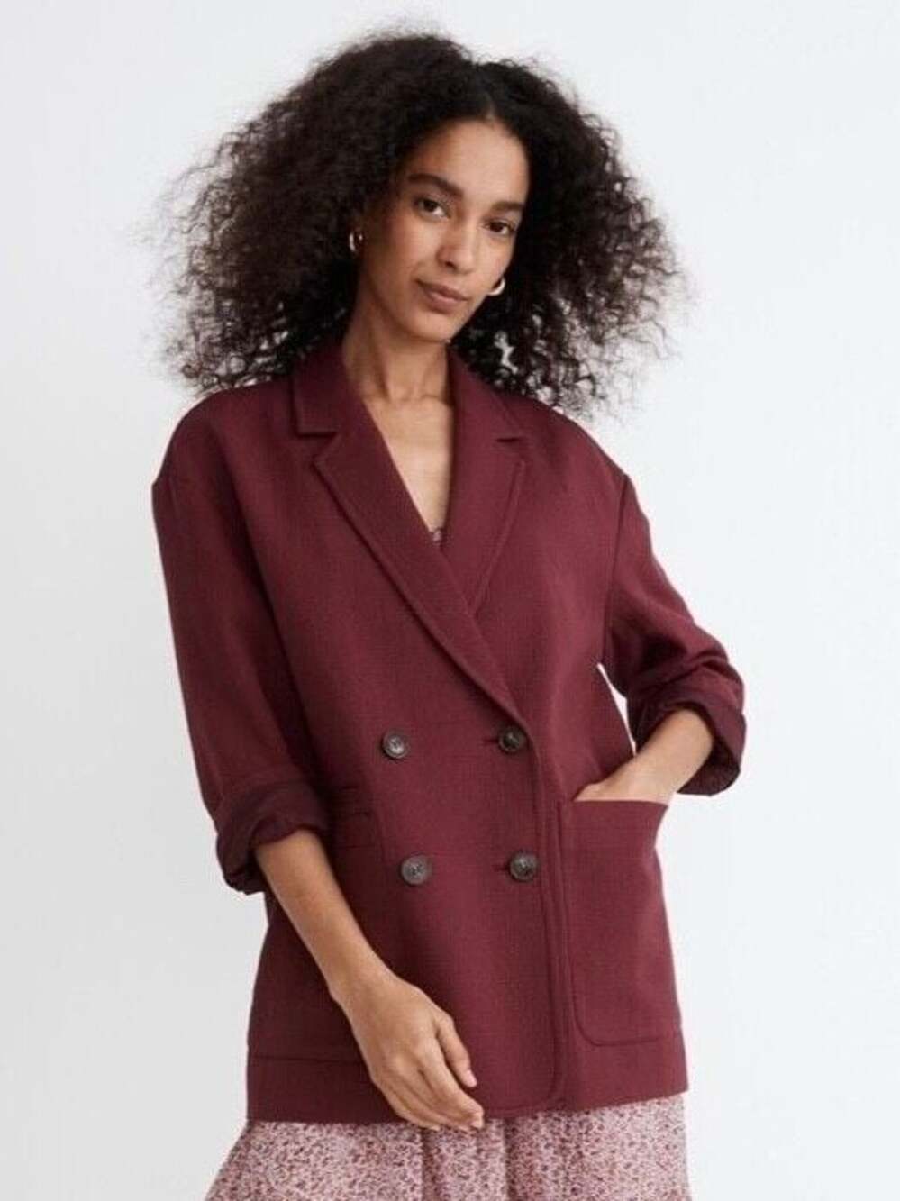 Madewell Double-Breasted Blazer in Textured Cotton Burgundy Size M